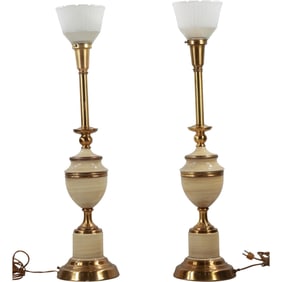 Pair Hollywood Regency Stiffel Table Lamps in Bass and Ivory White Original Finish 33 in. height