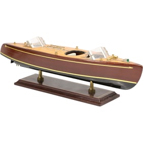 Mahogany Wood Replica 1938 Chris Craft Triple Cockpit Speedboat Runabout on Display Stand