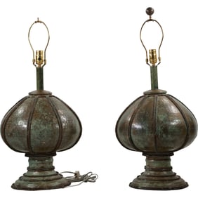 Pair Mid-Century Modern Copper "Mushroom" Table Lamps 31 inches overall height x 14 in. wide