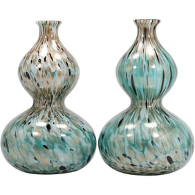 Pair Murano Blue Iridescent Art Glass Gourd Shaped Tall Vases with Gold Flecks 12.25 in. height