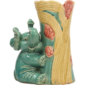 Vintage Majolica Ceramic Pottery Green Elephant Figural Vase 8.25 in. height x 6.5 in. wide
