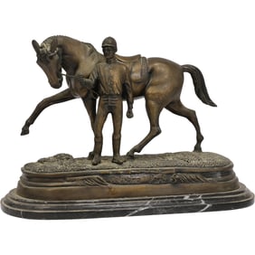 Delaware Park Bronze Equestrian Rider Jockey and Horse Sculpture Mounted on a Marble Base