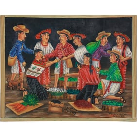 Jose Reanda [1968-]Guatemalan Artist, "Mercado de Atitlan" Outdoor Market, Signed, Titled, Dated