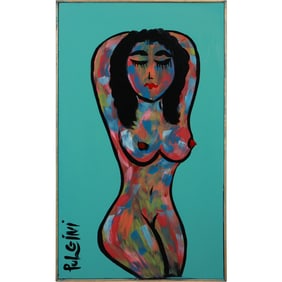 Thomas Pulgini, American, Pop-Art Abstract Oil on Board Painting, Nude Woman Portrait, Signed