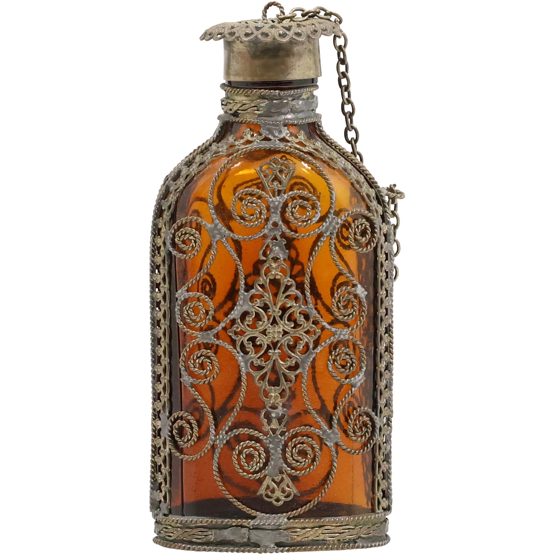 Vintage Fligree Metal and Brown Glass Bottle / Flask / Perfume Bottle / Holy Water Bottle 5.5 in. h.: Vintage Fligree Metal and Brown Glass Bottle / Flask / Perfume Bottle / Holy Water Bottle 5.5 in. h. size: 5.5h 2.5w S:A
