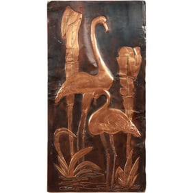 Signed R. Molynreaux, Mid-Century Modern Copper Reief Plaque with Herons / Egrets 24 in. x 12 in.