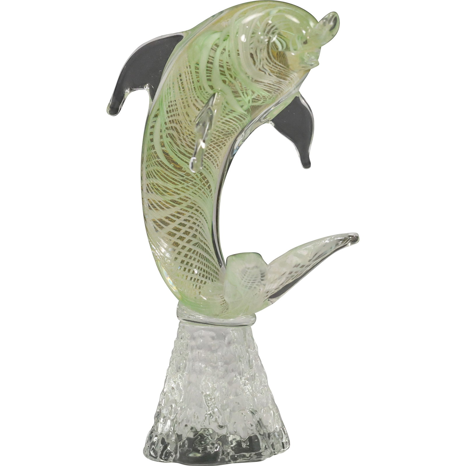 Murano Italian Art Glass Dolphin Figure Sculpture with Internal Lattice Decoration 9.5 in. height: Murano Italian Art Glass Dolphin Figure Sculpture with Internal Lattice Decoration 9.5 in. height. size: 9.5h 4w S:B