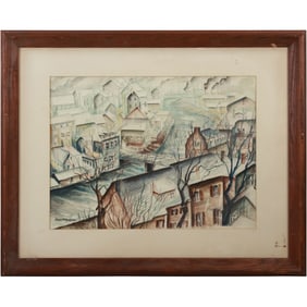 George M Grimshaw, Watercolor Painting, River Town Rooftops, Signed, Framed