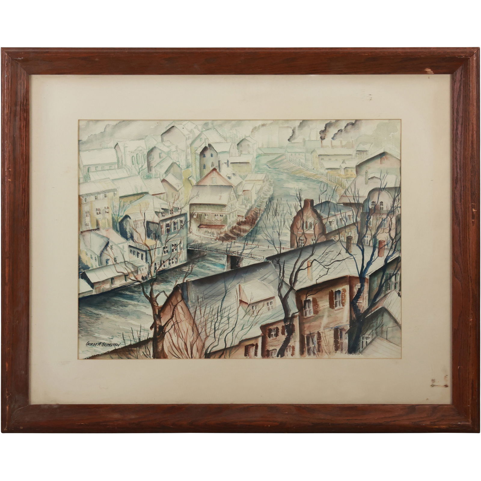 George M Grimshaw, Watercolor Painting, River Town Rooftops, Signed, Framed (1 of 16)