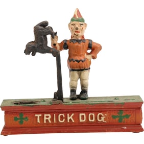 Novelty Cast Iron "Trick Dog" Mechanical Coin Bank in Original Paint Finish 8 in. length