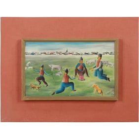 Jan Knjazovic 1959, (Serbian, 1925 - 1985) Figures with Pigs in a Field, Signed, Dated, Framed