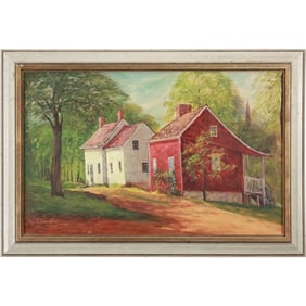 Signed Eleanohevy, Oil on Canvas Pennsylvania Landscape with Homes, Framed