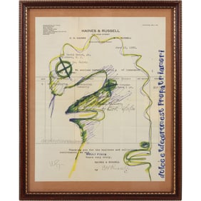 Wayne Cunningham, 20th C. American, Rooster Drawing on Document, Signed, Framed