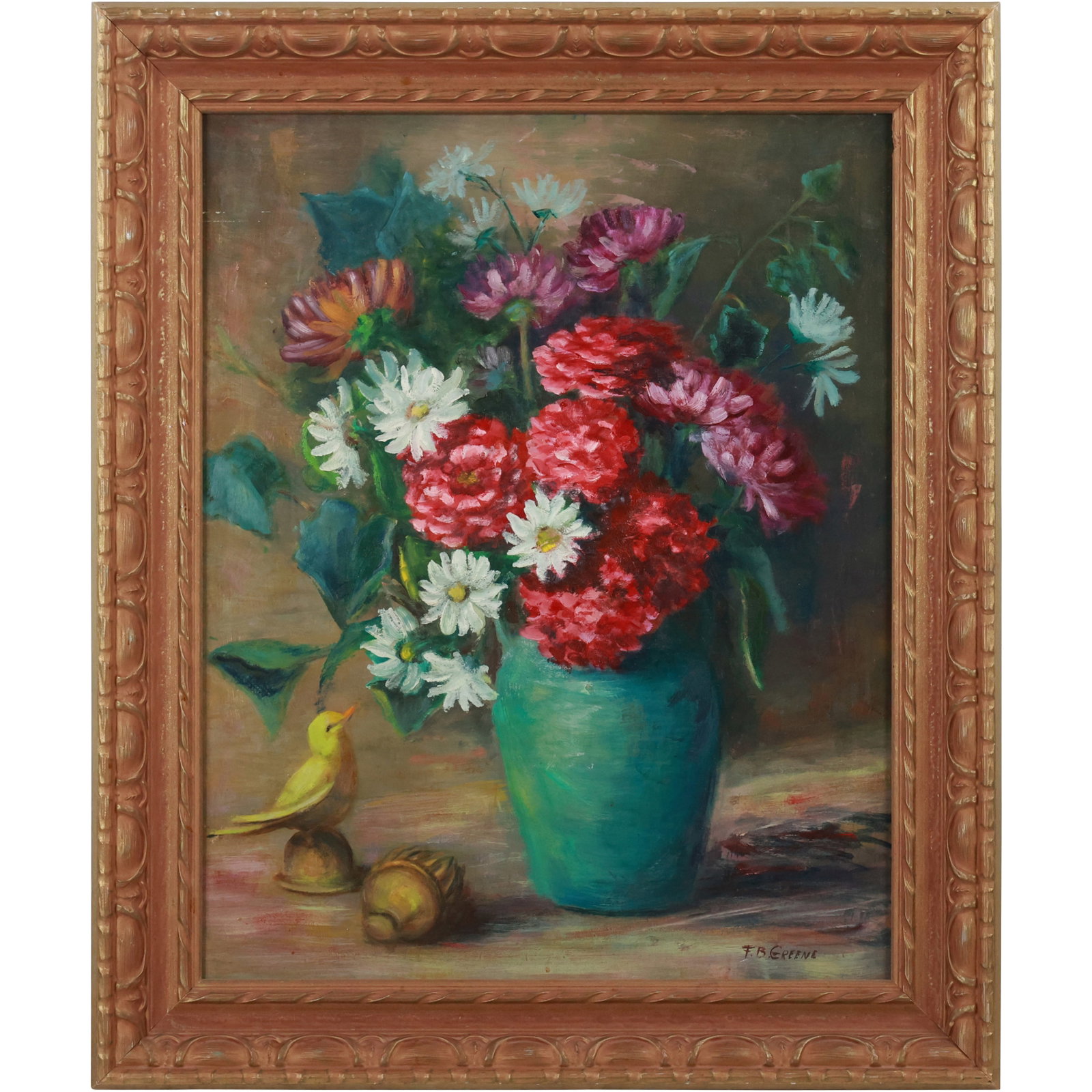 Signed F B Green, Oil on Board Painting Still LIfe Flowers in Vase, Yellow Bird, Framed: Signed F B Green, Oil on Board Painting Still LIfe Flowers in Vase, Yellow Bird, Framed. size:20 x 16 , outside of frame: 25 x 20