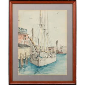 Vintage Watercolor Painting, Fishing Boat at Rockport Harbor, Mass., Framed