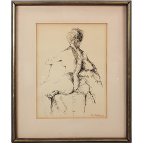 LC Rodriguez, Ink Drwaing of a Seated Nude, Signed and Framed