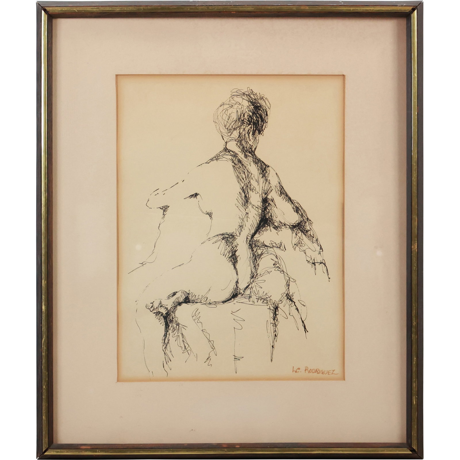 LC Rodriguez, Ink Drwaing of a Seated Nude, Signed and Framed: LC Rodriguez, Ink Drwaing of a Seated Nude, Signed and Framed. size: 13 x 10 , outside of frame: 19 x 16