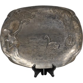 Art Nouveau Metal Tray Silver Plate with Maiden and 2 Ducks at Waterfront 15 inches length