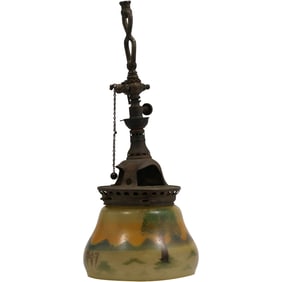 Hanging Brass Gas Hall Lamp with Reverse Painted Glass Shade All Original 5.75 in. dia. shade