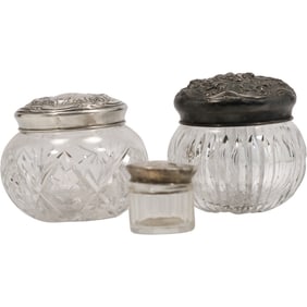 3 Assorted Sterling Silver Tops Crystal Glass Antique Dresser Jars, Various Sizes