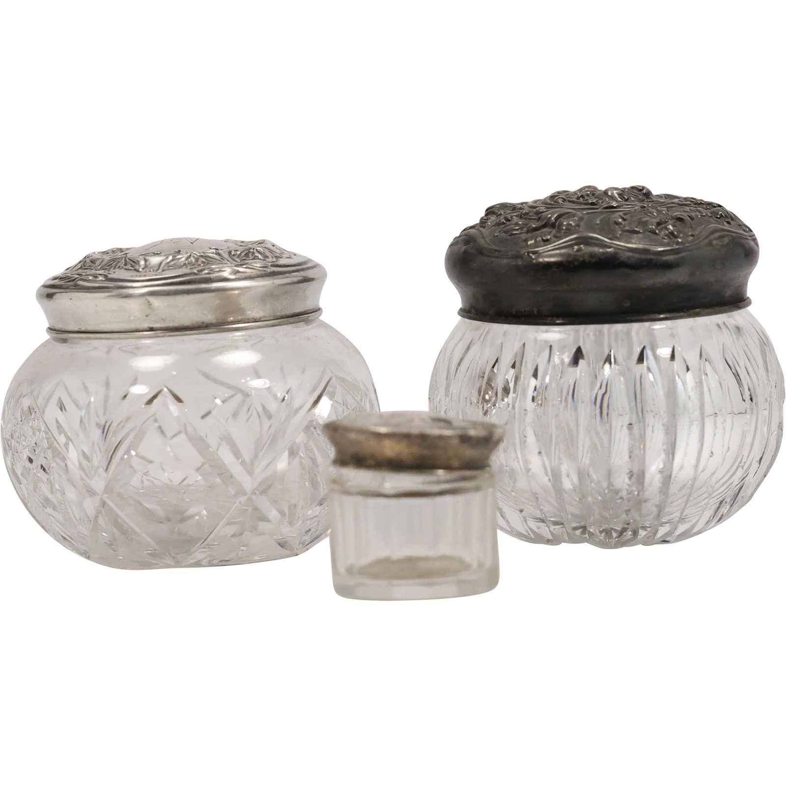 3 Assorted Sterling Silver Tops Crystal Glass Antique Dresser Jars, Various Sizes (1 of 20)