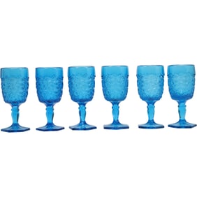 Set of 6 Blue Glass L.G. Wright Daisy and Button Water Goblets