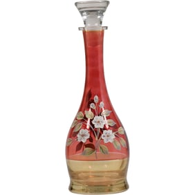 Bohemian Red Lustre Decanter with Enameled Flowers Decoration 14 in. height x 5 in. wide