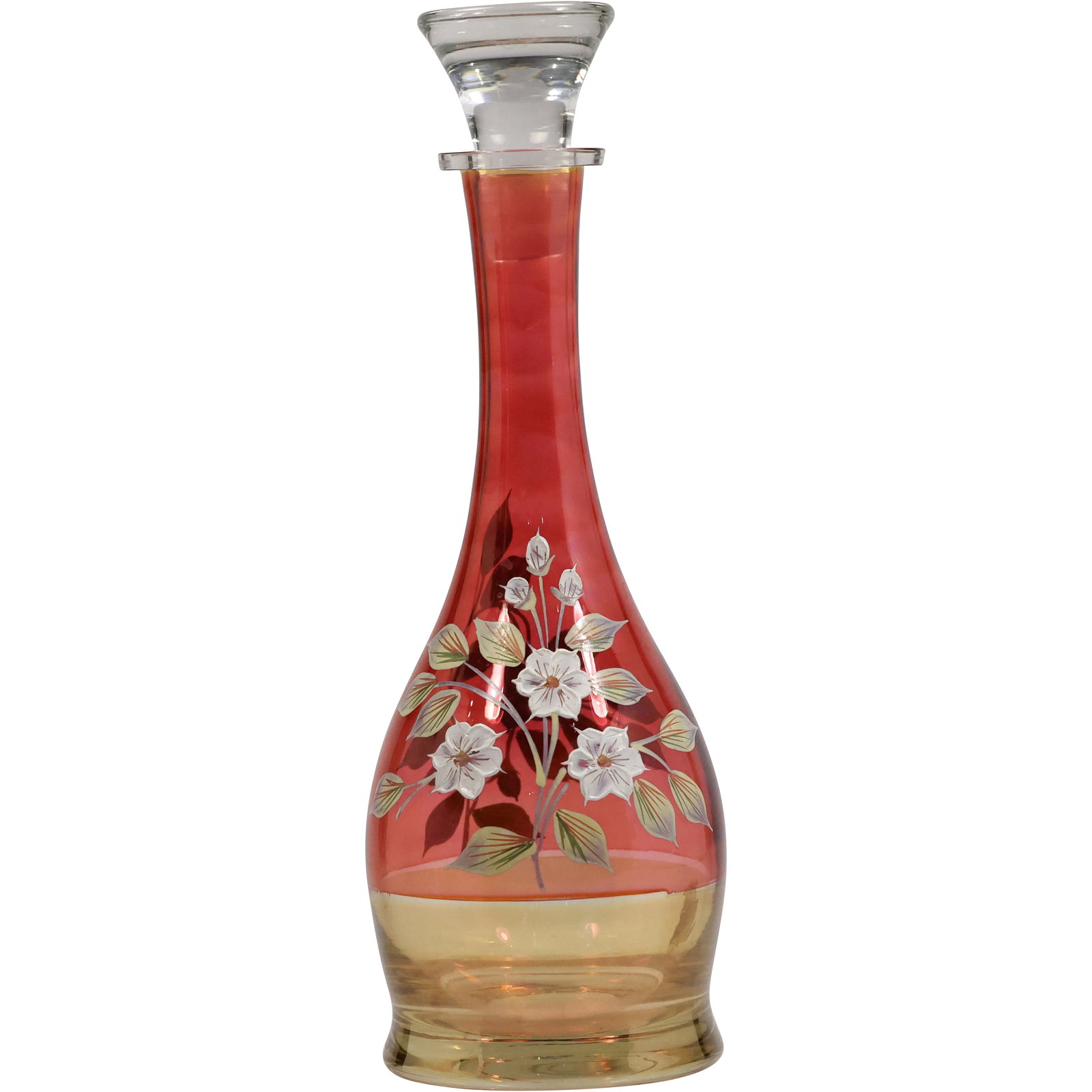 Bohemian Red Lustre Decanter with Enameled Flowers Decoration 14 in. height x 5 in. wide: Bohemian Red Lustre Decanter with Enameled Flowers Decoration 14 in. height x 5 in. wide. size: 14h 5w S:B