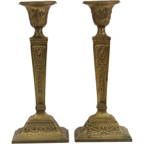 Pair Formal Regency Tall Brass Candlesticks 9.5 in. height, 4 in. wide at base