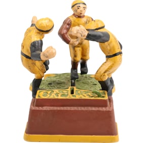 Novelty Cast Iron "A Calamity" Rugby Mechanical Coin Bank in Original Paint Finish 7 in.length