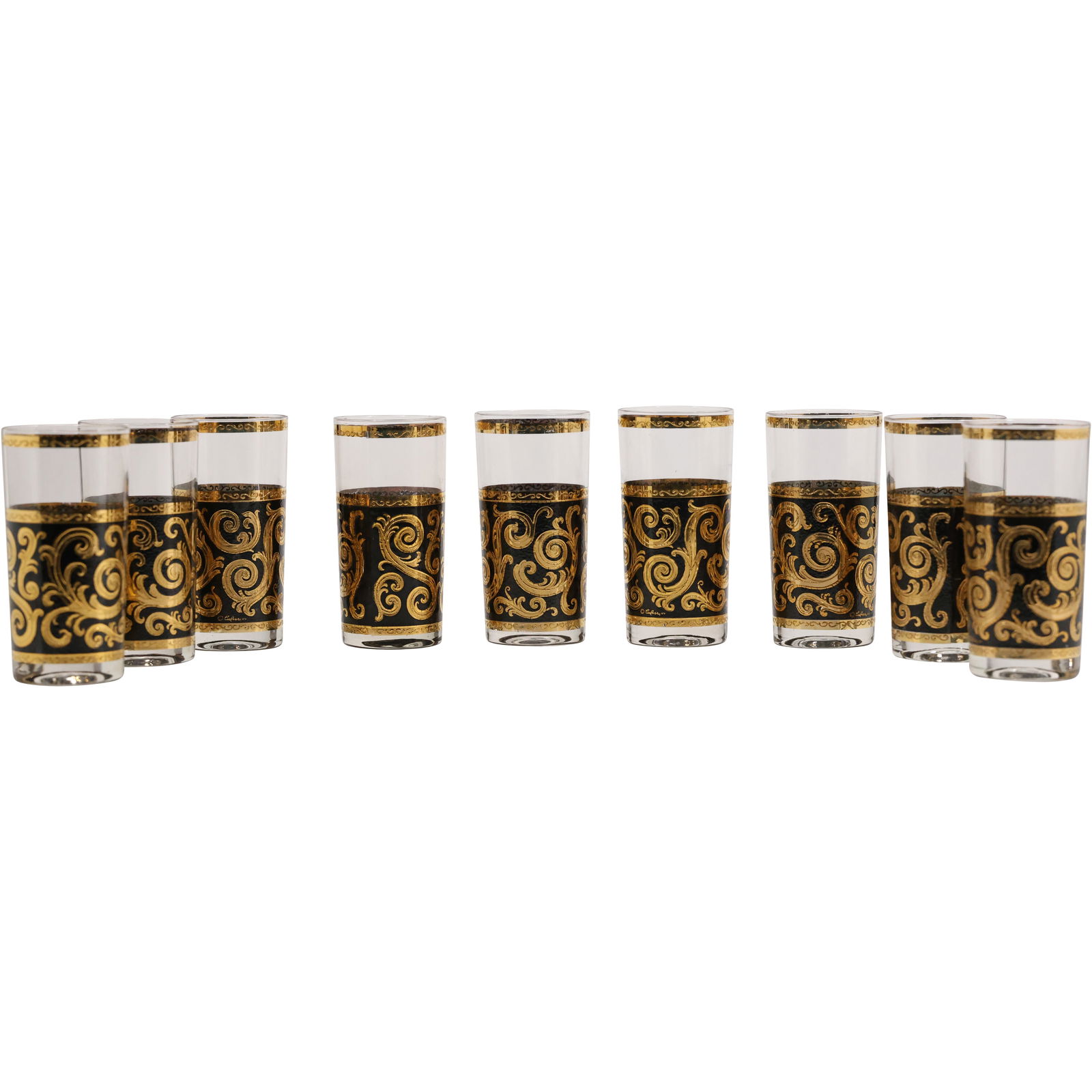Set of 8 Vintage Culver Toledo Black 22k Gold Scroll Highball Cocktail Glasses: Set of 8 Vintage Culver Toledo Black 22k Gold Scroll Highball Cocktail Glasses. size: 5.5h 3w S:B