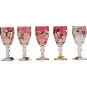 5 Hand Painted Flowers Cranberry Water Goblets