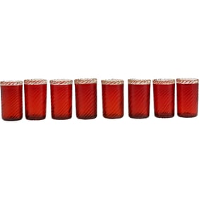 Set of 8 Murano Red Swirl Art Glass Juice Glasses with Clear Top Rims 3.75 in. height x 2 in. wide