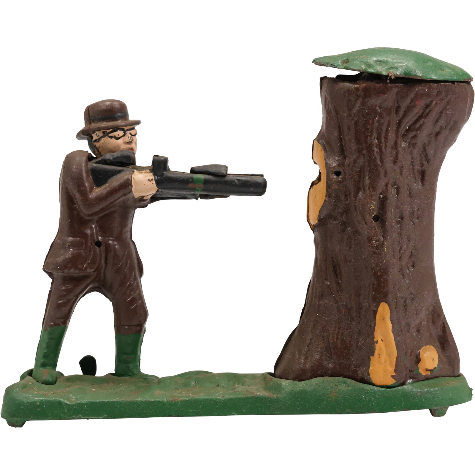 Novelty Cast Iron "Teddy and the Bear" Mechanical Coin Bank in Original Paint Finish 9 in. length: Novelty Cast Iron "Teddy and the Bear" Mechanical Coin Bank in Original Paint Finish 9 in. length. size: 7h 9w S:B ; "Teddy and the Bear" cast iron mechanical coin bank. This collectible bank typicall