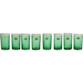 Set of 8 Balboa Green Swirl Art Glass Juice Glasses with Clear Top Rims 4 in. height x 2 in. wide