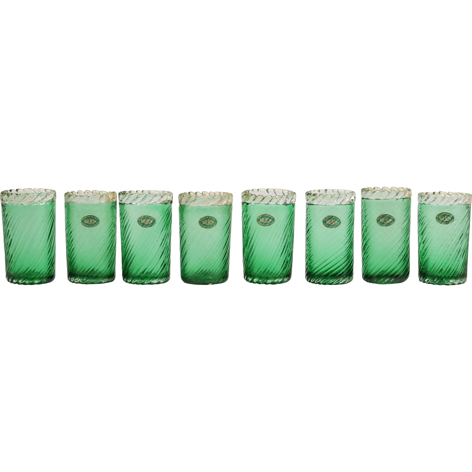 Set of 8 Balboa Green Swirl Art Glass Juice Glasses with Clear Top Rims 4 in. height x 2 in. wide: Set of 8 Balboa Green Swirl Art Glass Juice Glasses with Clear Top Rims 4 in. height x 2 in. wide size: 4h 2w S:A