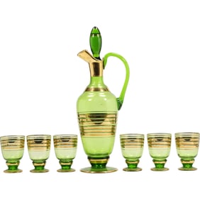 Romania Green Glass Liquor Decanter with 6 Cordial Glasses, Gold Rings Decoration