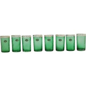 Set of 8 Balboa Green Swirl Art Glass Juice Glasses with Clear Top Rims 4 in. height x 2 in. wide