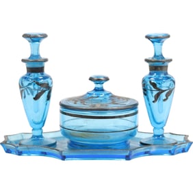 The Corinthian Co. Peacock Blue Glass with Sterling Silver Overlay 4-Pc. Vanity Perfume Set