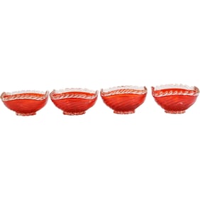 Set of 4 Murano Italian Art Glass Red Swirl Bowls with Clear Glass Rims, 5 in. dia,; Original Label