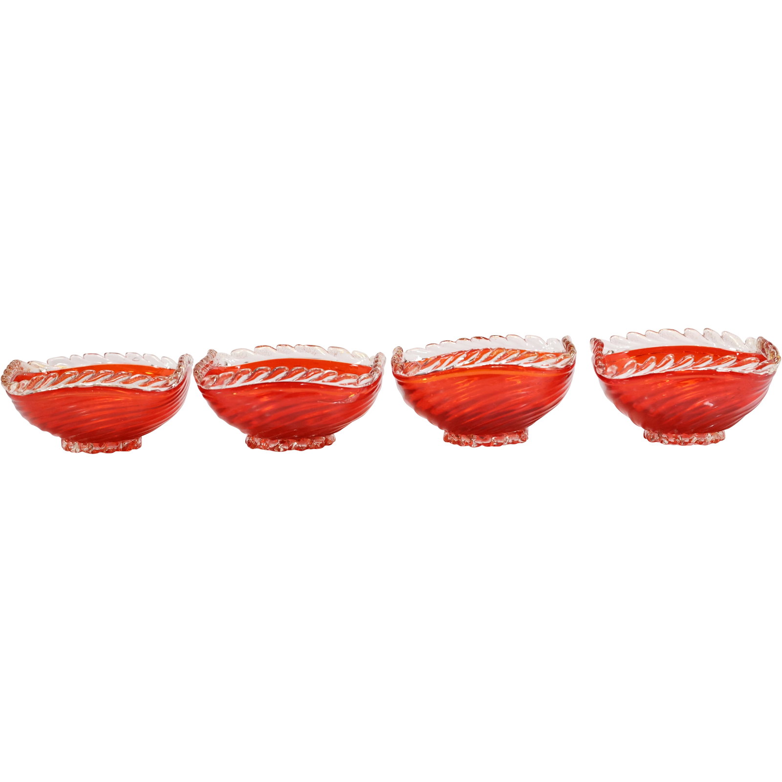 Set of 4 Murano Italian Art Glass Red Swirl Bowls with Clear Glass Rims, 5 in. dia,; Original Label: Set of 4 Murano Italian Art Glass Red Swirl Bowls with Clear Glass Rims, 5 in. dia,; Original Label. size: 3h 5w S:A