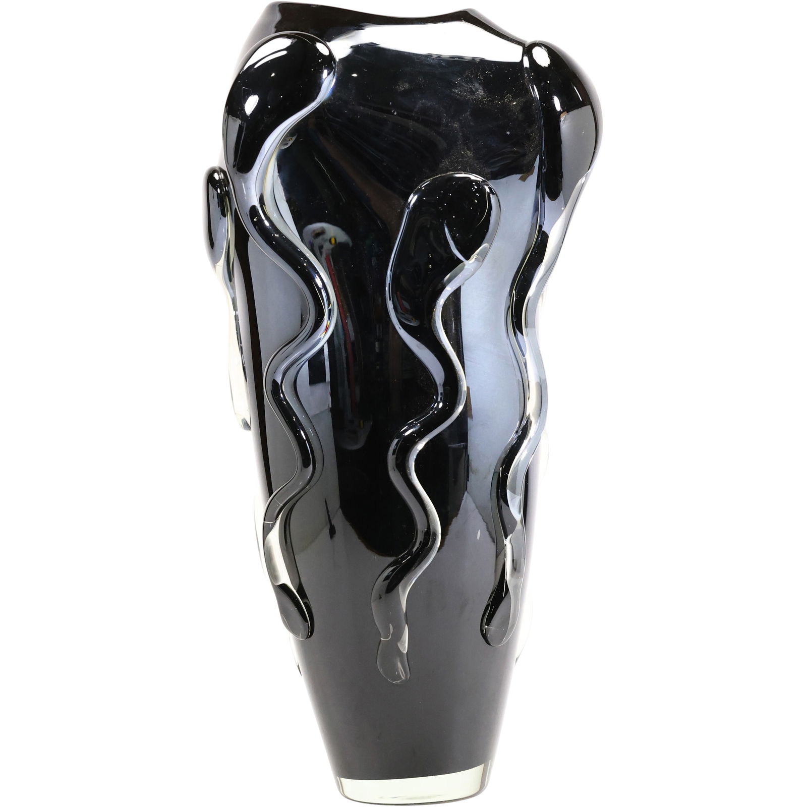 Signed A P, Large Black Glass Vase with Clear Squiggle Forms on Sides 18 in. height x 9 in wide (1 of 12)