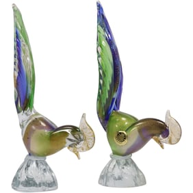 2 Vintage Venetian Murano Art Glass Pheasant Bird Sculptures with Gold Fleck, 12 in. height