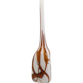 Mid-Century Modern Tall White and Brown Abstract Design Tall Art Glass Vase 18 in. height