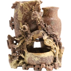 19th C. Chinese Carved Soapstone Vase with Intricate Carved Flowers 10 in. height x 7 in. wide