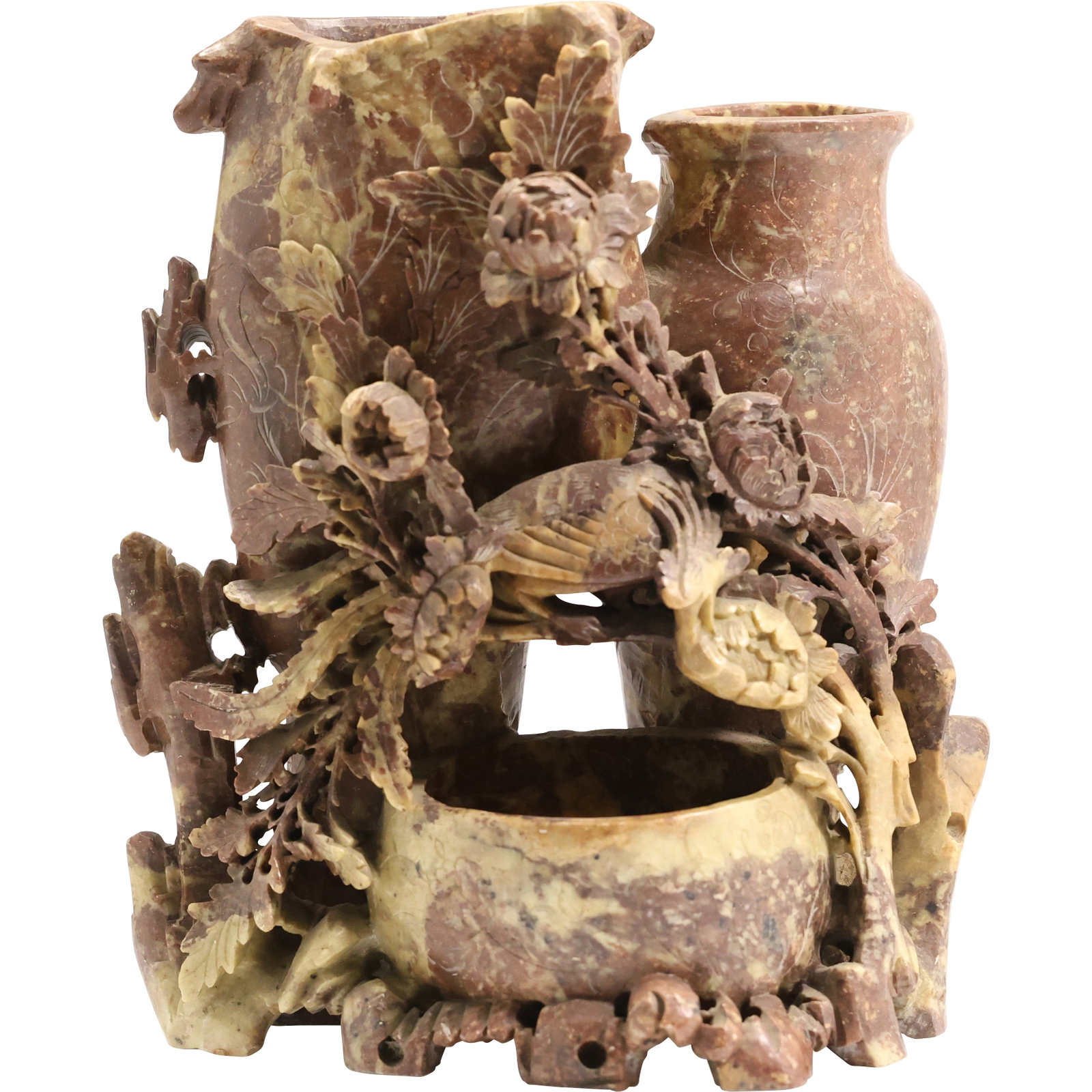19th C. Chinese Carved Soapstone Vase with Intricate Carved Flowers 10 in. height x 7 in. wide: 19th C. Chinese Carved Soapstone Vase with Intricate Carved Flowers 10 in. height x 7 in. wide. size: 10h 7w S:C