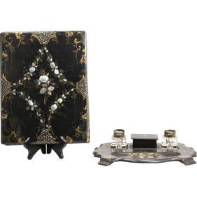 19th C. Black Laquer with Inlaid Mother of Pearl MOP Desk Top Ink Stand & Letter Binder