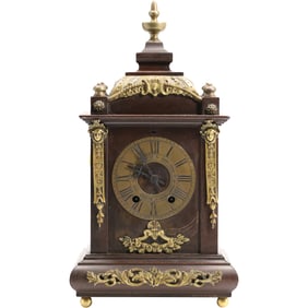 19th C. French Brass Ormolu Mahogany Case Mantle Clock, Brass Movement, 16 in. height x 8.5 in.