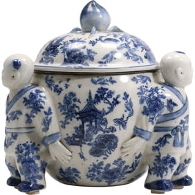Chinese Blue and White Porcelain Censer with 3 Figures Holding Center 11.5 in. height x 11 in. wide