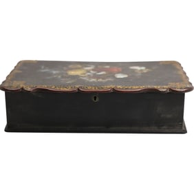 19th C. Black Lacquer with Hand Painted Flowers Lap Desk / Letter Box 14.75 in.